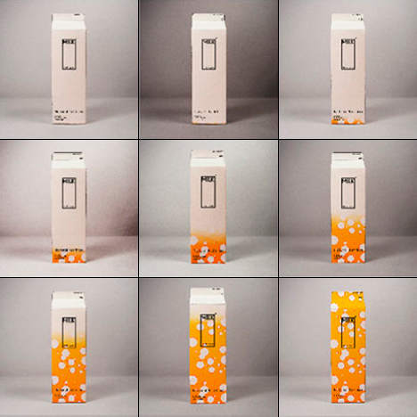 Embalagem inteligente de leite que muda o desenho à medida que o leite se vai estragando. Design: Ko Yang